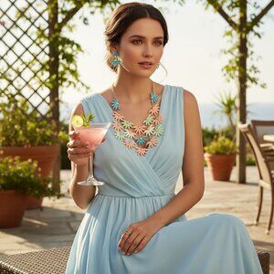 Floral Statement Necklace & Earrings Set In Pastel Colors On Gold Chain With Rhi